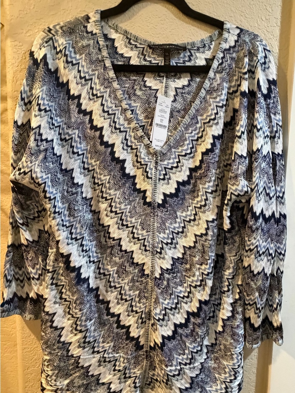 White House Black Market Navy, White & Gray Zigzag V-Neck Tunic